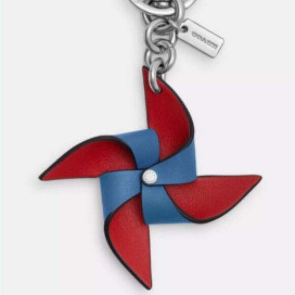 Coach Leather Pinwheel Bag Charm Keychain Red/Sky Blue - Picture 1 of 4
